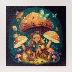 Kleine meisje in paddenstoelen legpuzzel