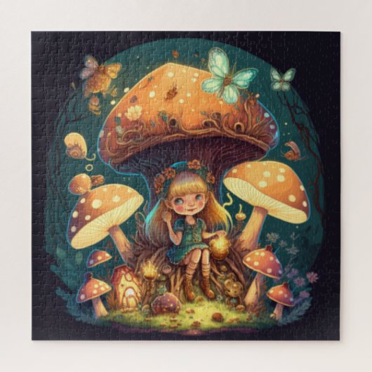 Kleine meisje in paddenstoelen legpuzzel (Verticaal)