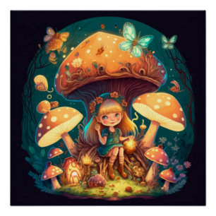 Kleine meisje in paddenstoelen perfect poster