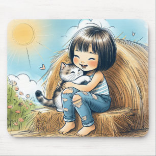 Kleine Meisje Met Pet Kitten Muismat