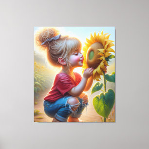 Kleine Meisje Met Zonnebloem Canvas Afdruk