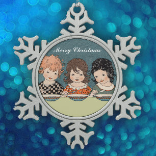kleine meisjes die soep drie zussen eten tin sneeuwvlok ornament