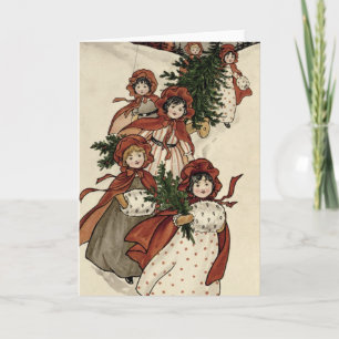 Kleine meisjes met Holly en de kerstboom Feestdagen Kaart