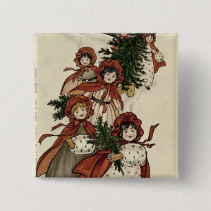 Kleine meisjes met Holly en de kerstboom Vierkante Button 5,1 Cm