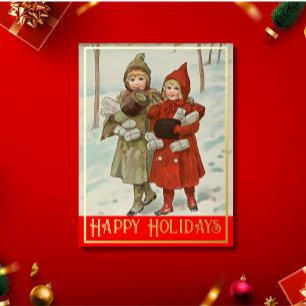  kleine meisjes met pakketten - gouden Folie H Feestdagen Briefkaart