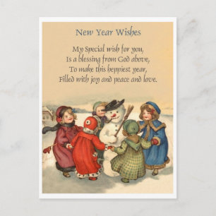 Kleine meisjes rond sneeuwman in New Year, Briefkaart
