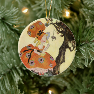 Kleine Mevrouw Muffet & Spin, Vintage Mother Goose Keramisch Ornament