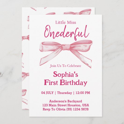 Kleine Miss ONEDERFUL Roze Bow Meisje 1e Verjaarda Kaart (Voorkant / Achterkant)