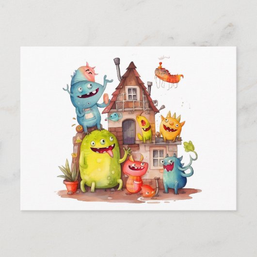 Kleine Monster bauen ein Haus. Einweihungsparty. Briefkaart (Voorkant)