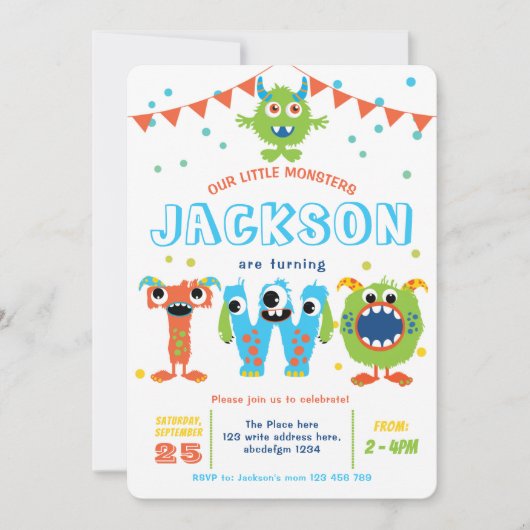 Kleine monster met thema tweeling tweede verjaarda kaart (Voorkant)