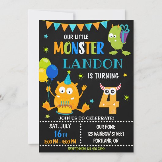 Kleine monsterverjaardagsuitnodiging voor jongen kaart (Voorkant)