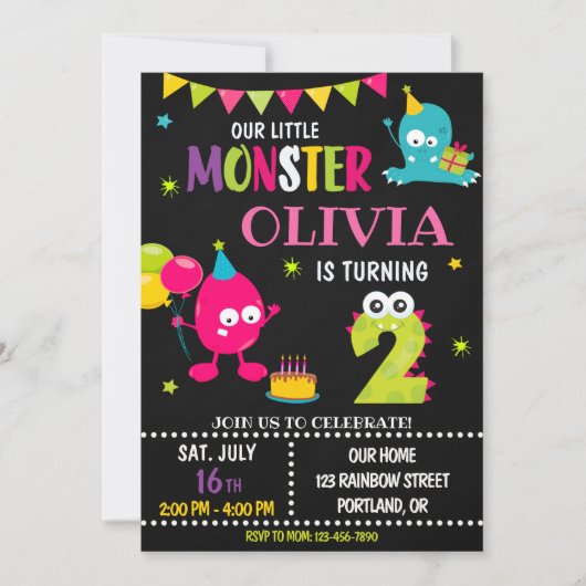 Kleine monsterverjaardagsuitnodiging voor meisje kaart (Voorkant)