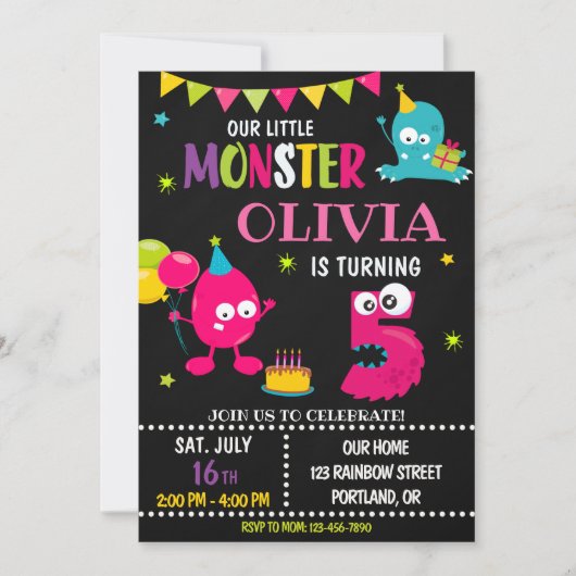 Kleine monsterverjaardagsuitnodiging voor meisje kaart (Voorkant)