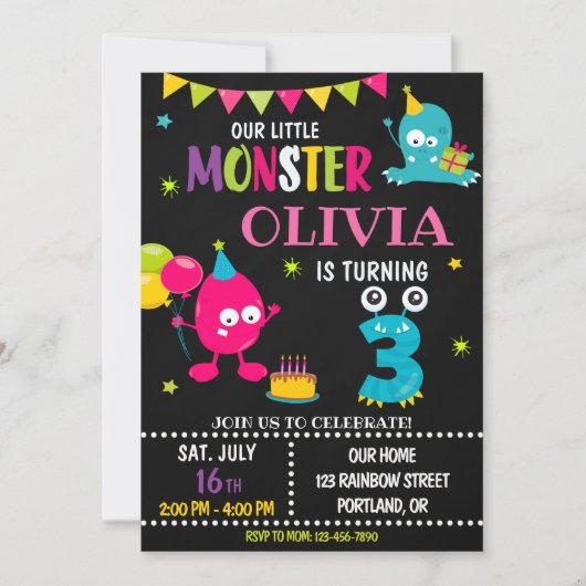 Kleine monsterverjaardagsuitnodiging voor meisje kaart (Voorkant)