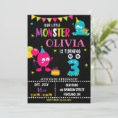 Kleine monsterverjaardagsuitnodiging voor meisje kaart (Staand voorkant)