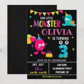 Kleine monsterverjaardagsuitnodiging voor meisje kaart (Voorkant / Achterkant)