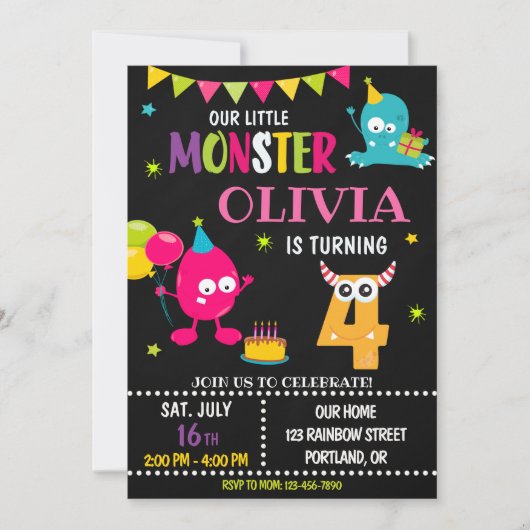 Kleine monsterverjaardagsuitnodiging voor meisje kaart (Voorkant)