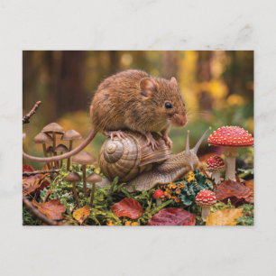 Kleine muis rijdt op slak in herfstbos feestdagenkaart