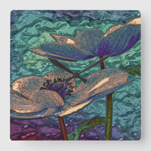 Kleine muurklok van metallisblauw bloemglas vierkante klok