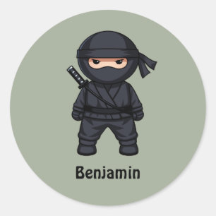 Kleine Ninja Krijger op Saliegroen Ronde Sticker