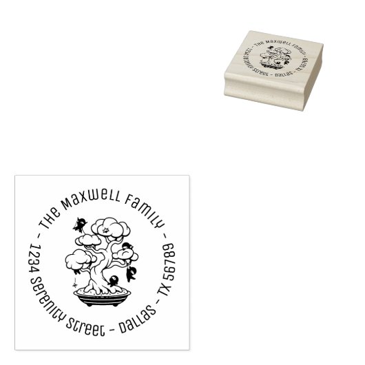 Kleine Ninjas in Bonsai Tree Family Address Round Rubberstempel (Gestempeld)
