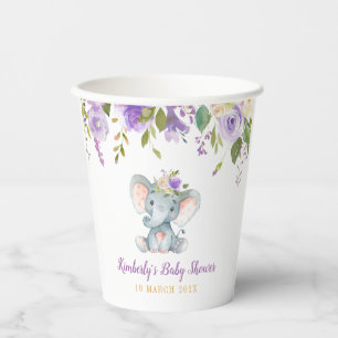 Kleine olifant paarse florale baby shower papieren bekers