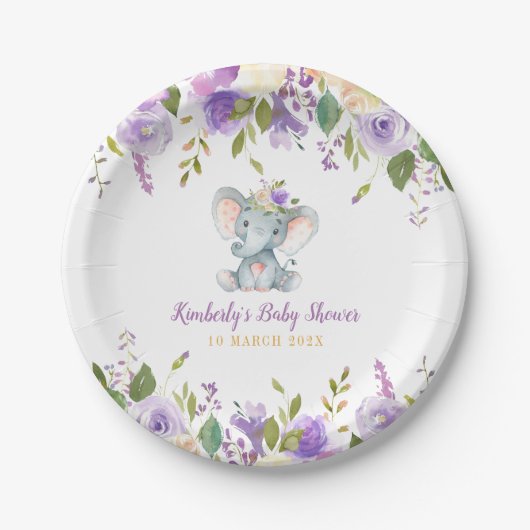 Kleine olifant paarse florale baby shower papieren bordje (Voorkant)