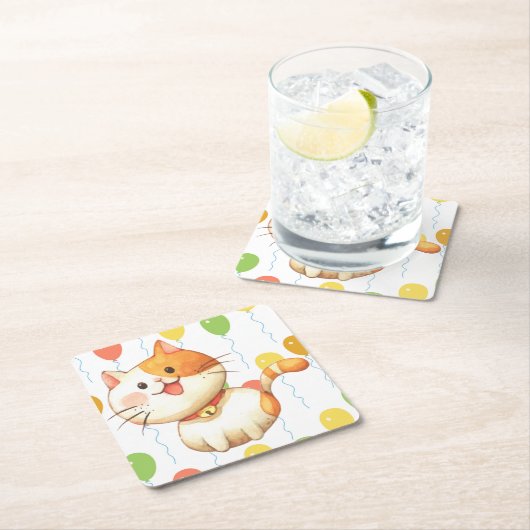 Kleine Oranje kat Kitten kleurrijke ballonnen Vierkante Kartonnen Onderzetter (Insitu)