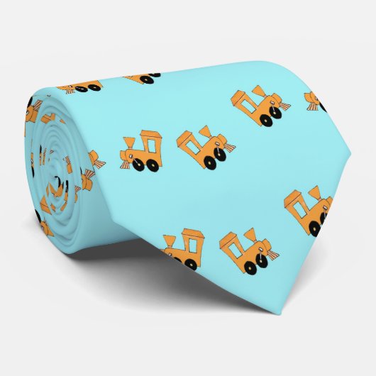 Kleine oranje treinenpatroon op blauw stropdas (Opgerold)