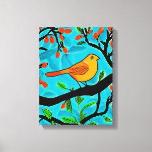 Kleine Oranje vogel op een bloeiende tak Canvas Afdruk