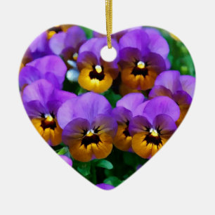 Kleine Paarse Pansies getrimd in Geel Goud Goud Keramisch Ornament