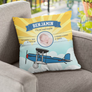 Kleine Piloot Blauwe Vliegtuig Baby Foto Geboorte Kussen