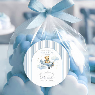 Kleine Piloot Teddybeer Baby Shower voor Jongens Ronde Sticker