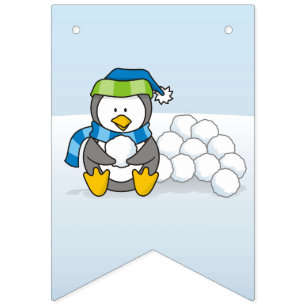 Kleine pinguïn die zit met sneeuwballen vlaggetjes