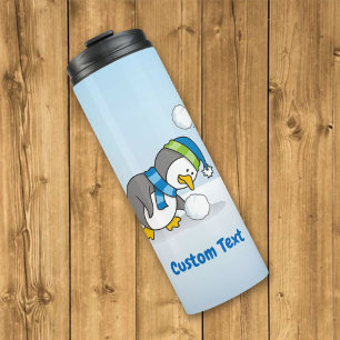Kleine pinguïn krijgt een thermische sneeuwbal tum thermosbeker