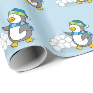 Kleine pinguïn met sneeuwballen wuivend inpakpapie cadeaupapier