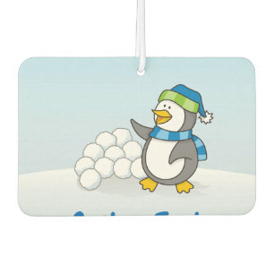 Kleine pinguïn met sneeuwballen zwaaien auto lucht luchtverfrisser