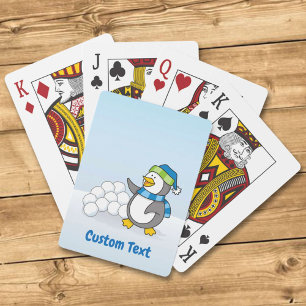 Kleine pinguïn met sneeuwballen zwaaien speelkaart pokerkaarten