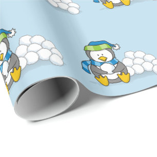Kleine pinguïn zittend met sneeuwballen inpakpapie cadeaupapier