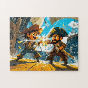 Kleine piraat die vecht met een andere piraat op e legpuzzel
