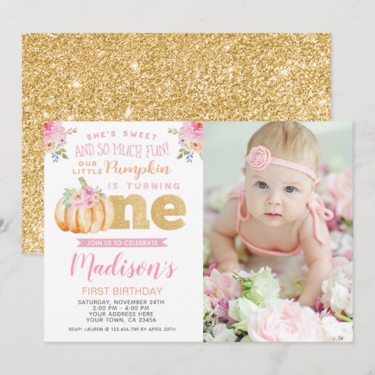 Kleine pompoen 1e verjaardag uitnodiging met foto (Voorkant / Achterkant)