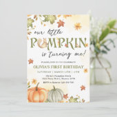 Kleine Pompoen 1e Verjaardagsfeestuitnodiging Kaart (Staand voorkant)