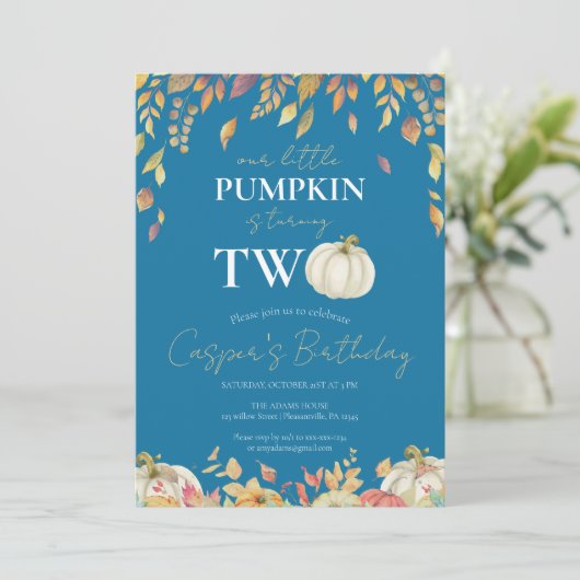 Kleine pompoen 2e verjaardag Waterverf Herfst blau Kaart (Staand voorkant)
