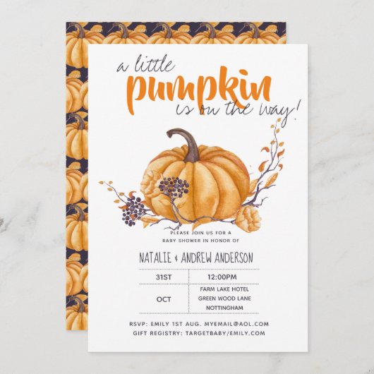 Kleine Pompoen Baby Shower Herfst Halloween Oranje Kaart (Voorkant / Achterkant)