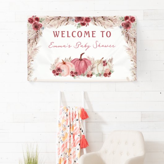 Kleine Pompoen Baby shower Marsala Welkom Banner (Insitu)