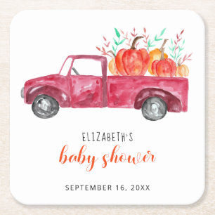 Kleine pompoen Baby shower Red Truck Herfst Cute Vierkante Kartonnen Onderzetter