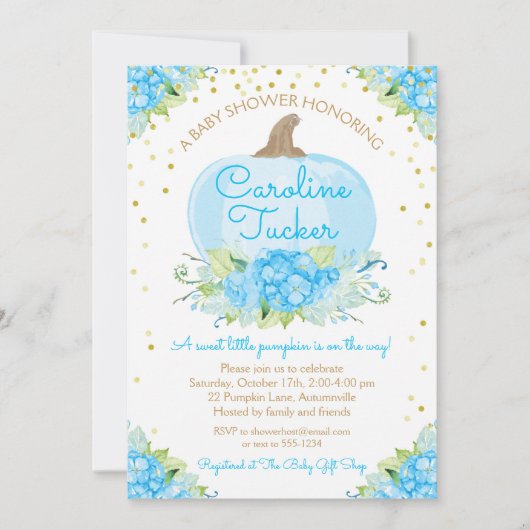 Kleine pompoen Baby shower Waterverf blauw goud Kaart (Voorkant)