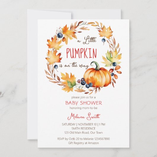 Kleine pompoen babyshower herfstbladeren krans kaart (Voorkant)