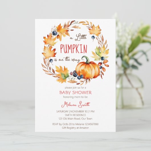 Kleine pompoen babyshower herfstbladeren krans kaart (Staand voorkant)