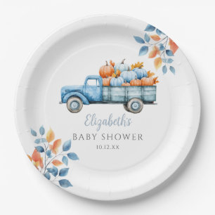 Kleine Pompoen Blauwe Baby Shower Foto Achtergrond Papieren Bordje